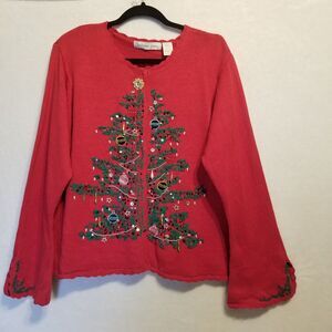 Victoria Jones XL Cardigan Sweater Red Embroidered Holiday Christmas Tree Ugly